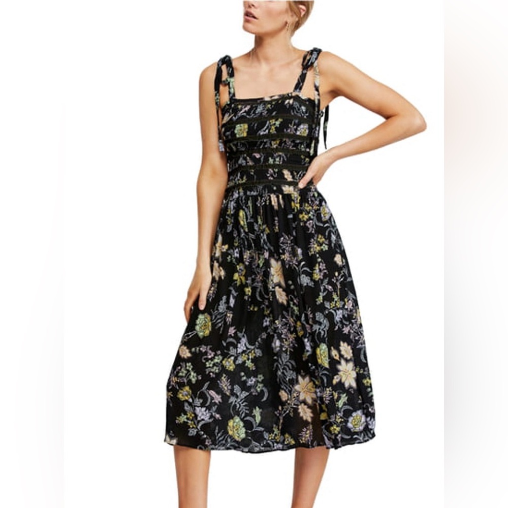 FREE PEOPLE Isla Floral Midi Sundress Viscose Black Smoked Tie Straps Size S